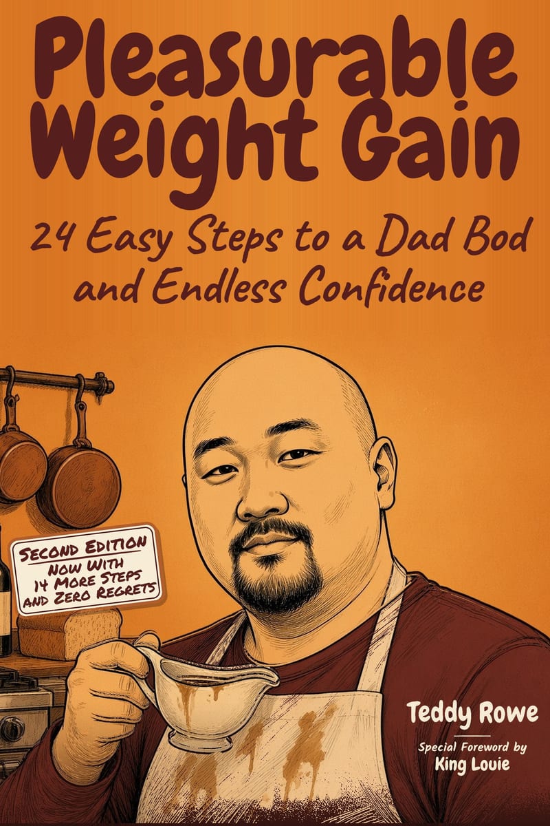 Cover of Pleasurable Weight Gain, Second Edition. An illustration of an Asian man in a cream apron over a maroon shirt, holding a wooden spoon in a kitchen. A red burst reads Now With 14 More Steps and Zero Regrets. The subtitle runs across the bottom: 24 Easy Steps to a Dad Bod and Endless Confidence. Second Edition and Teddy Rowe sit on the shirt.